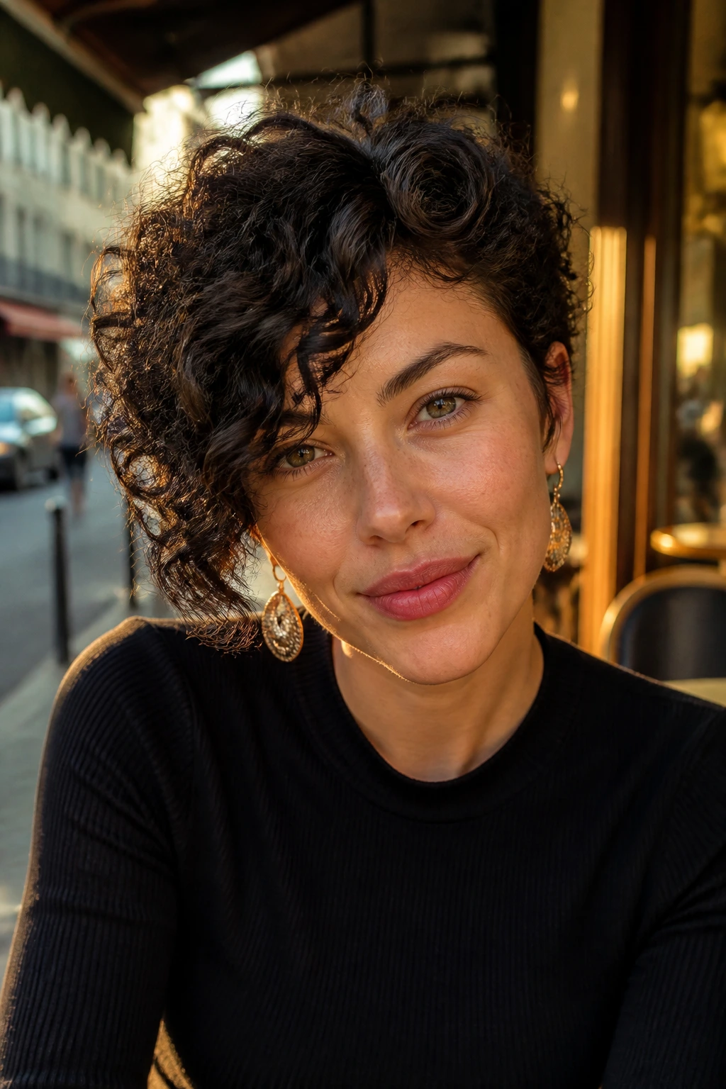 Close-up of a real woman with asymmetric curly fringe