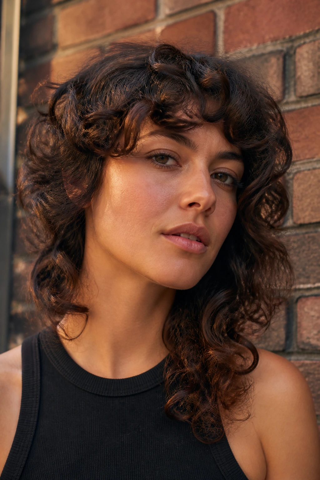 Close-up of woman with asymmetric curly shag with a slightly longer side