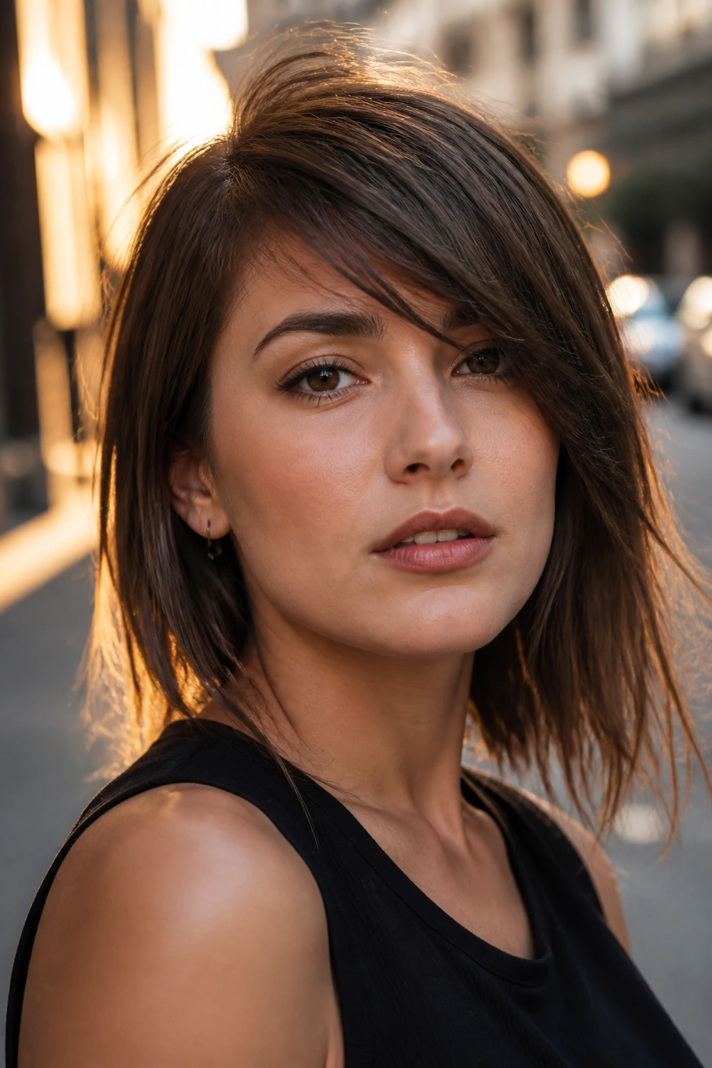 Close-up portrait of a real woman with an asymmetric fringe in golden hour light.