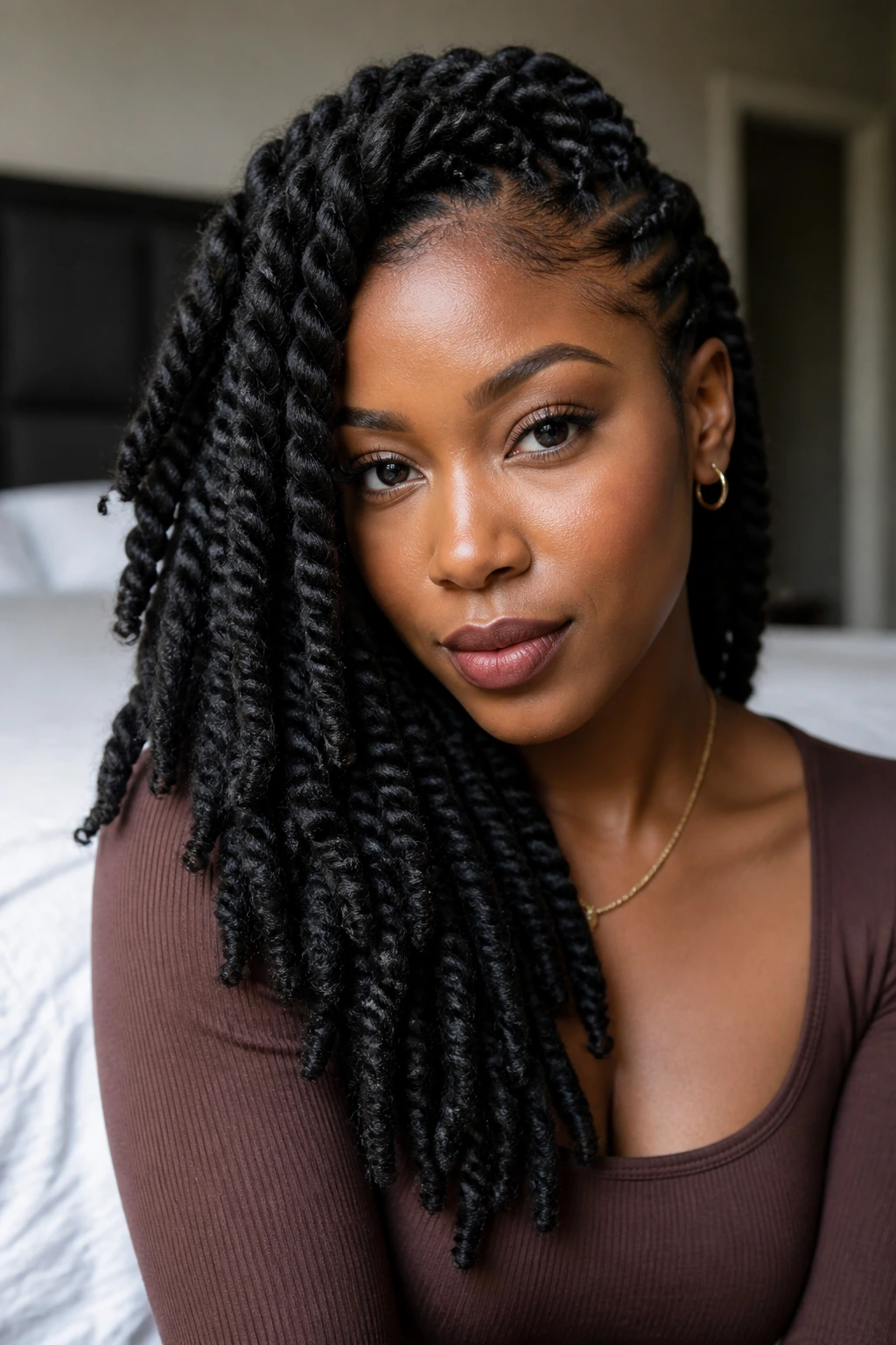 Close-up of a woman with asymmetric Marley twists, one fuller side behind the ear.