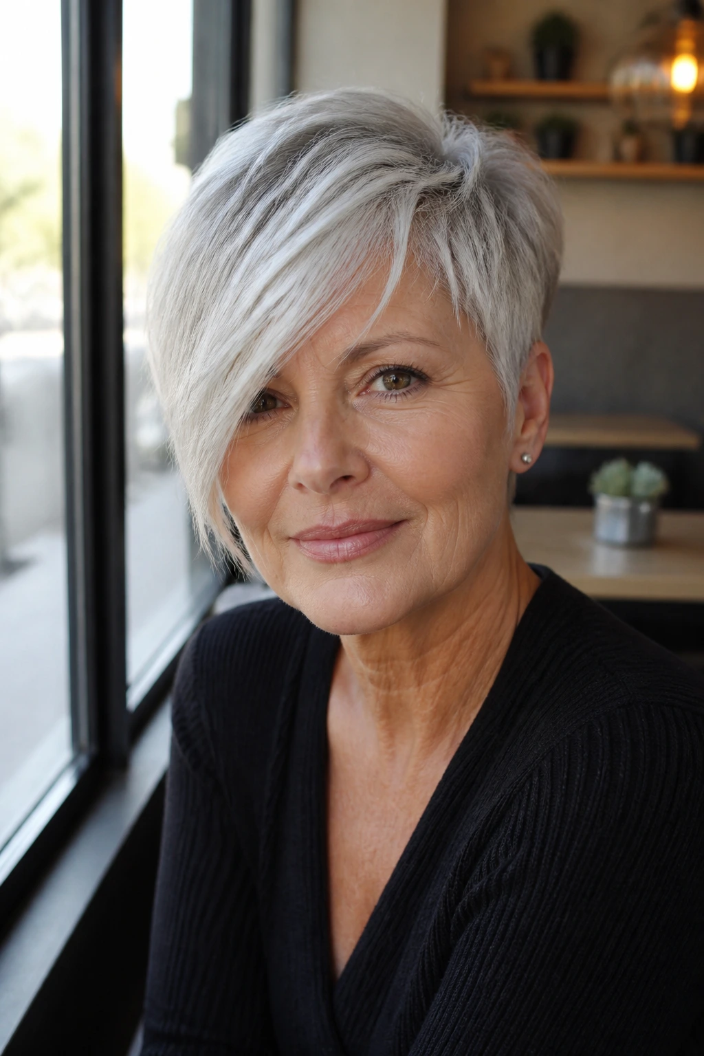 Portrait of an older woman with asymmetric pixie hairstyle by cafe window