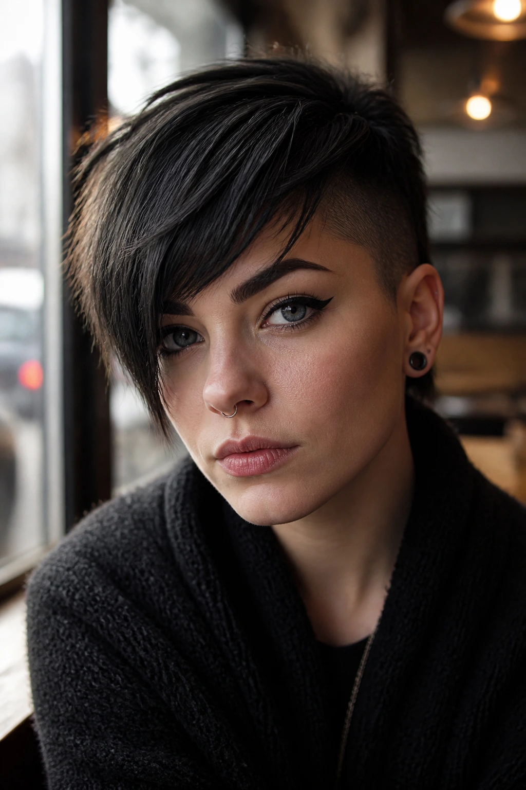 Real person with asymmetric pixie and heavy fringe
