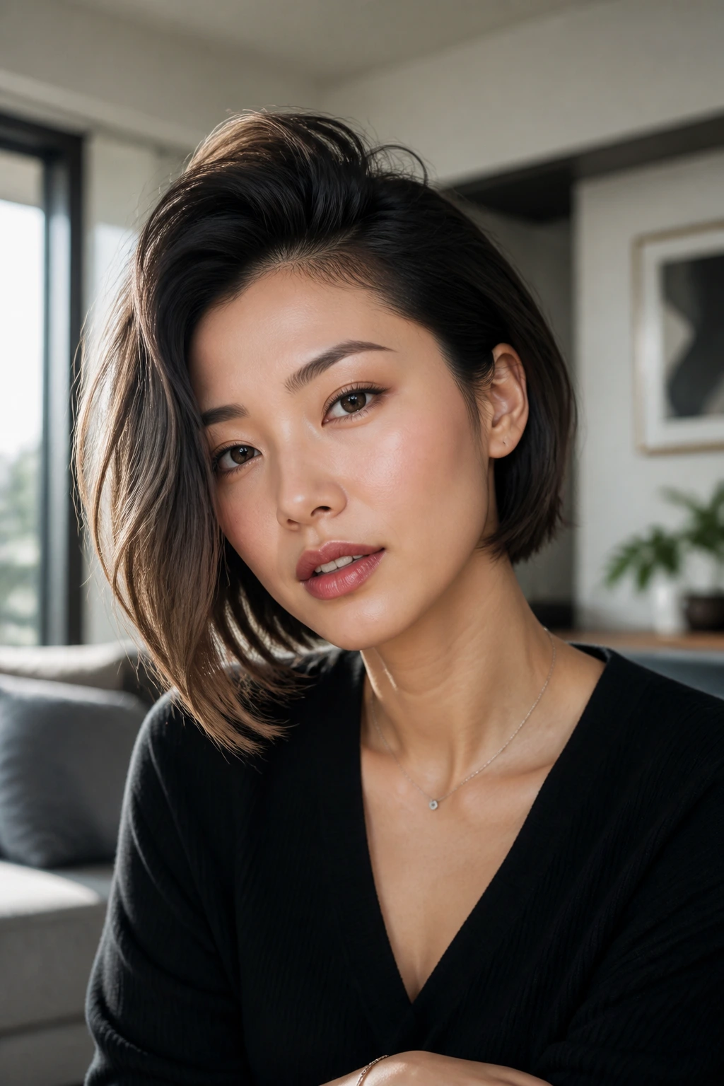 Close-up portrait of an Asian woman with an asymmetric quiff bob