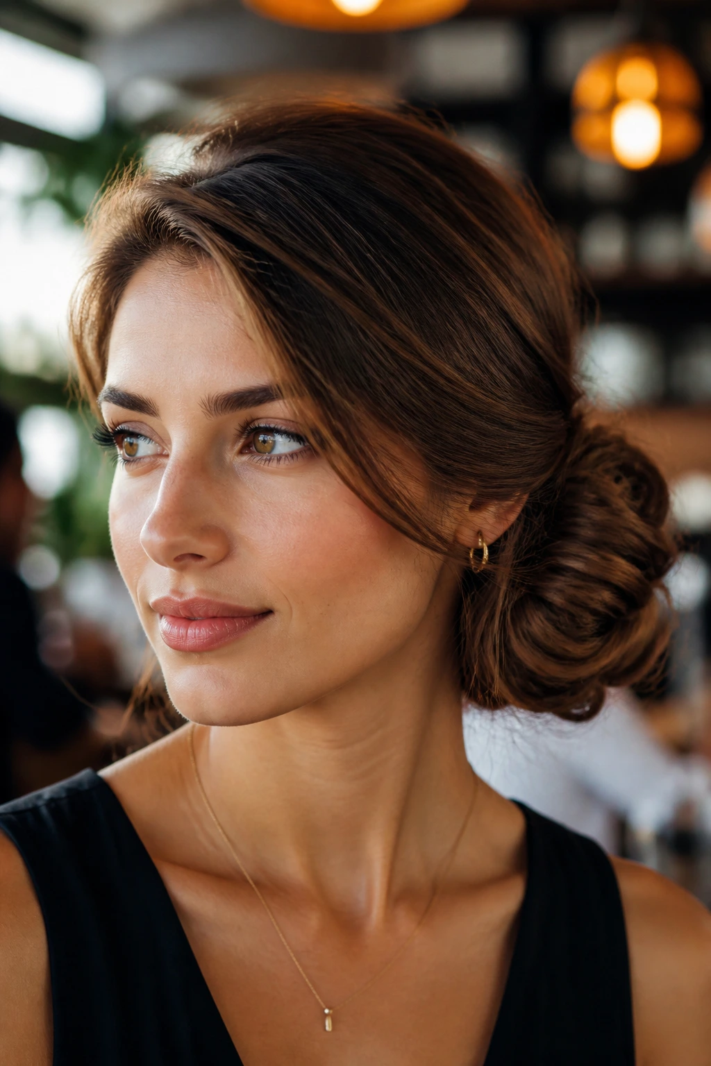 Real person with an off-center side bun behind the ear