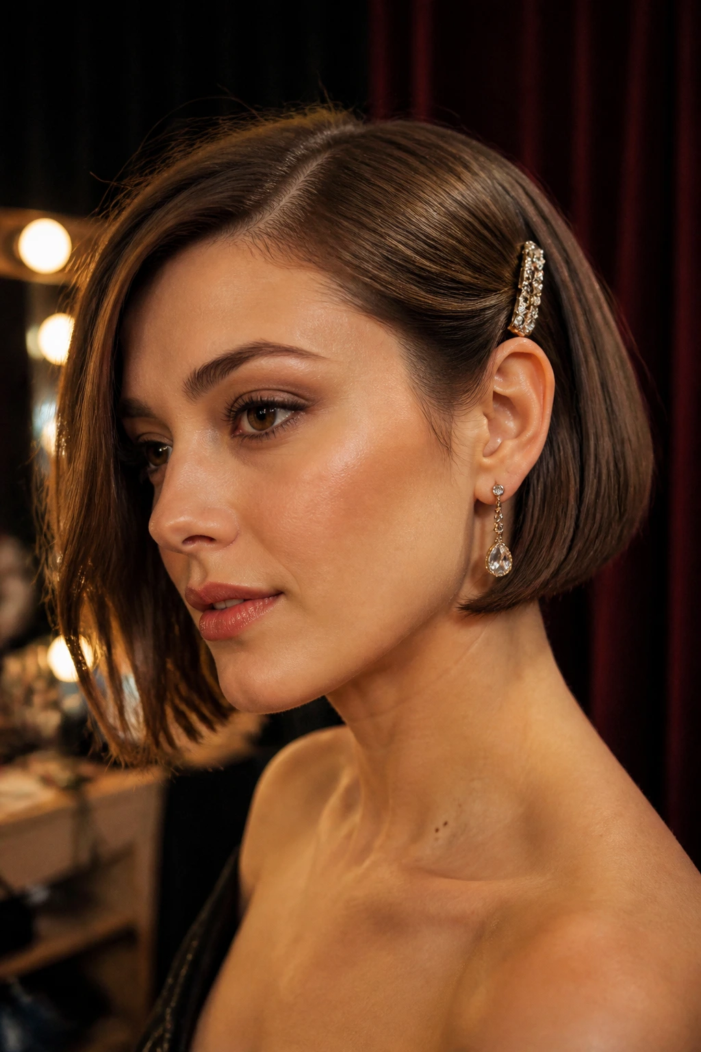 Close-up of a short asymmetric tucked bob with a jeweled clip on a real person.