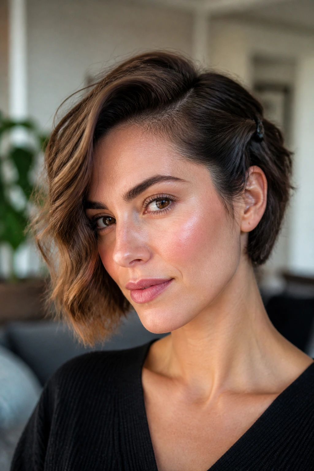 Asymmetric wavy bob with one side pinned back by a clip
