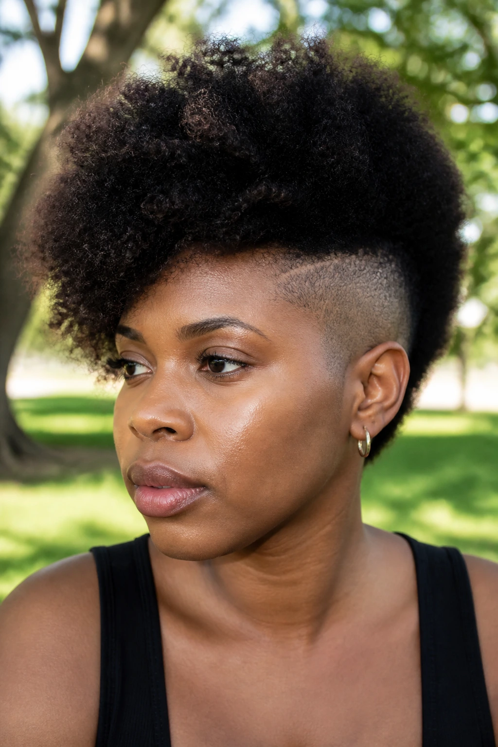 Close-up of a real Black person with asymmetrical Afro and low side fade