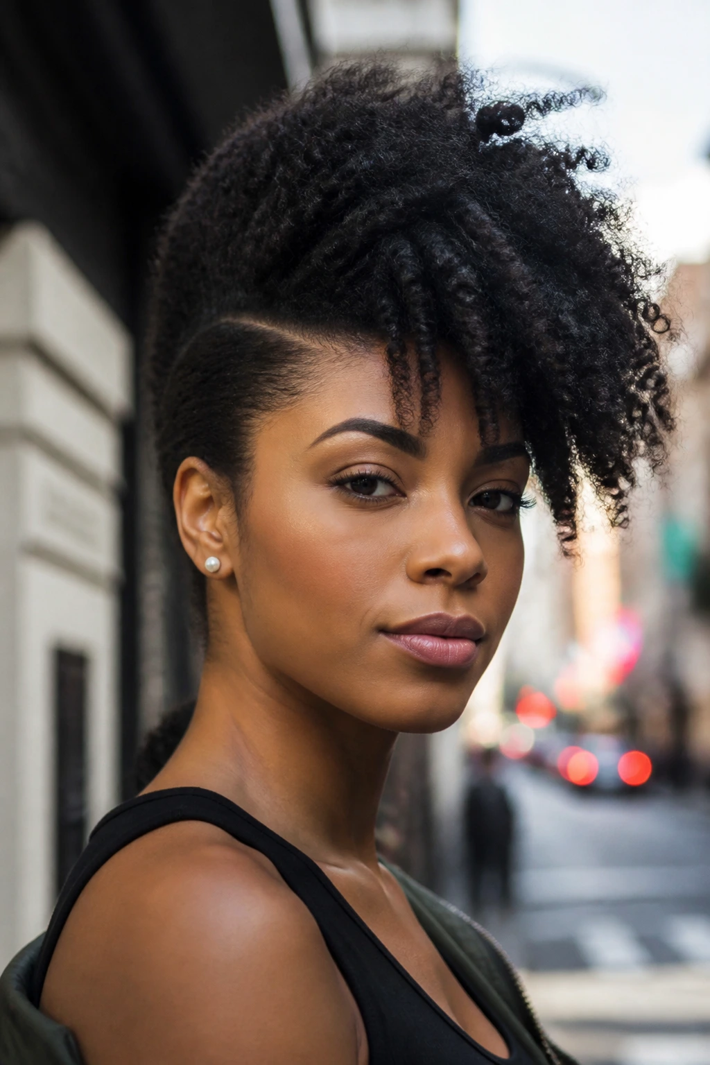 Close-up of asymmetrical Afro hawk with one side tucked on a real person