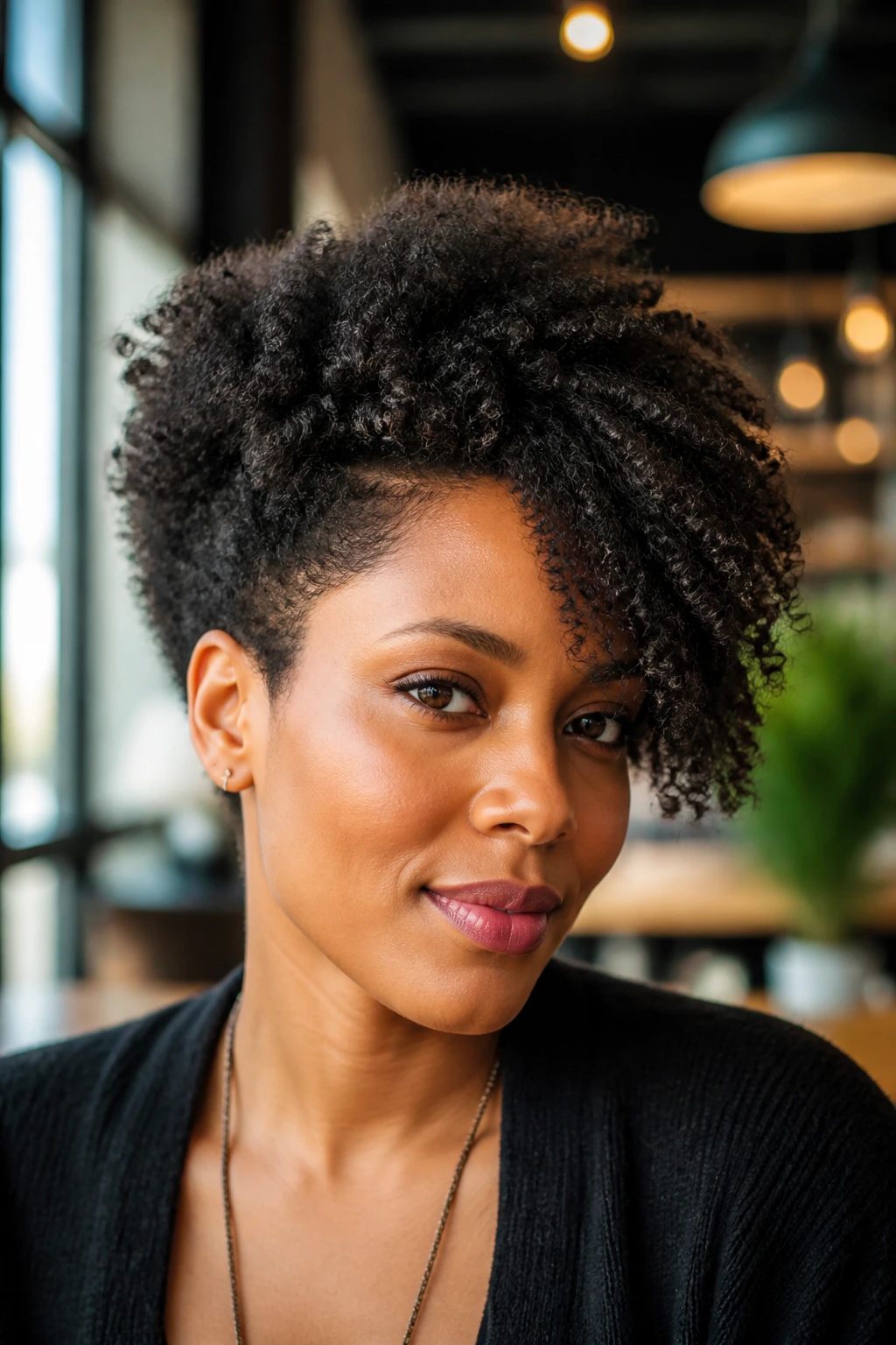 Close-up of a Black woman with asymmetrical Afro and longer front piece