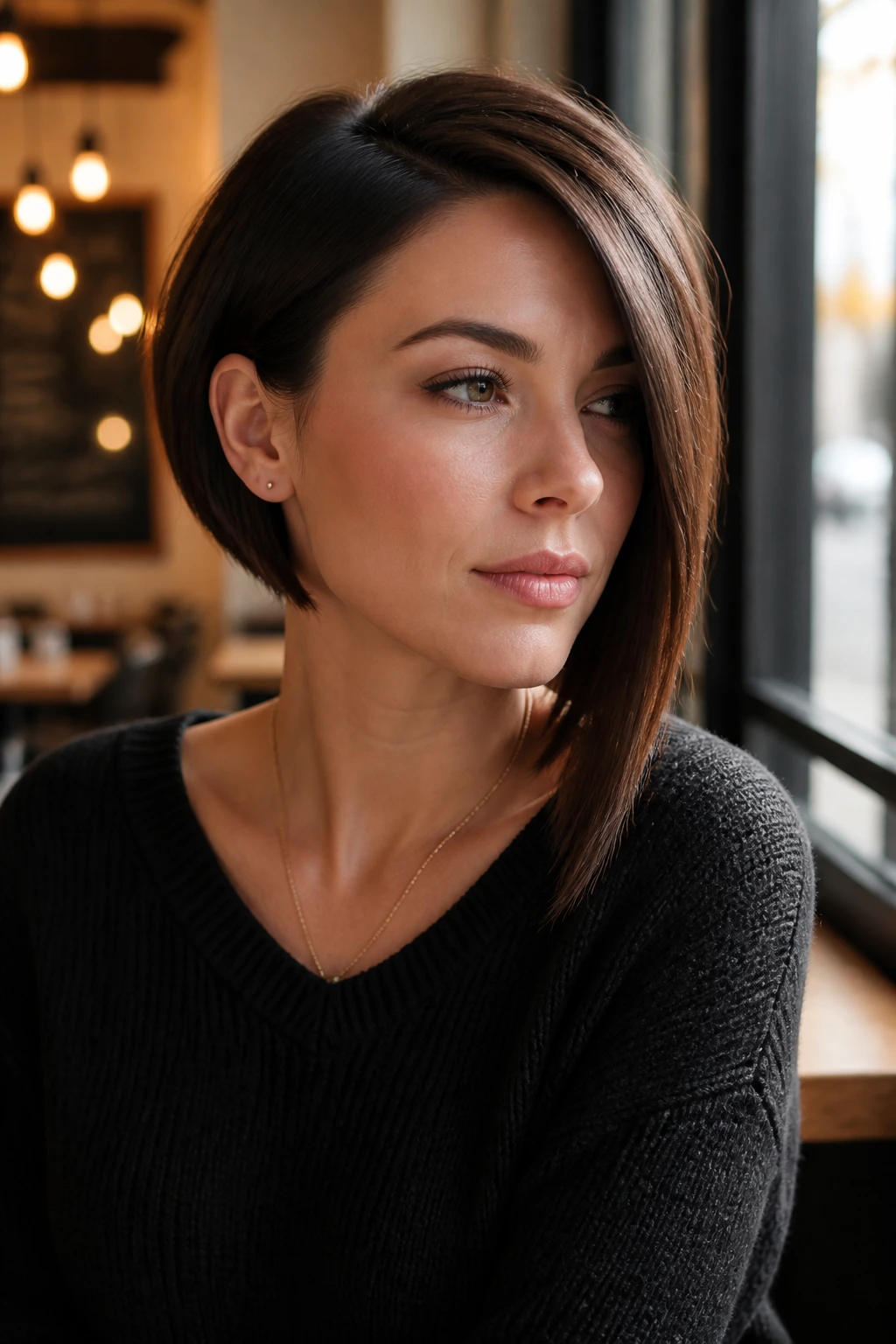 Close-up of a real woman with an asymmetrical angled bob and longer side