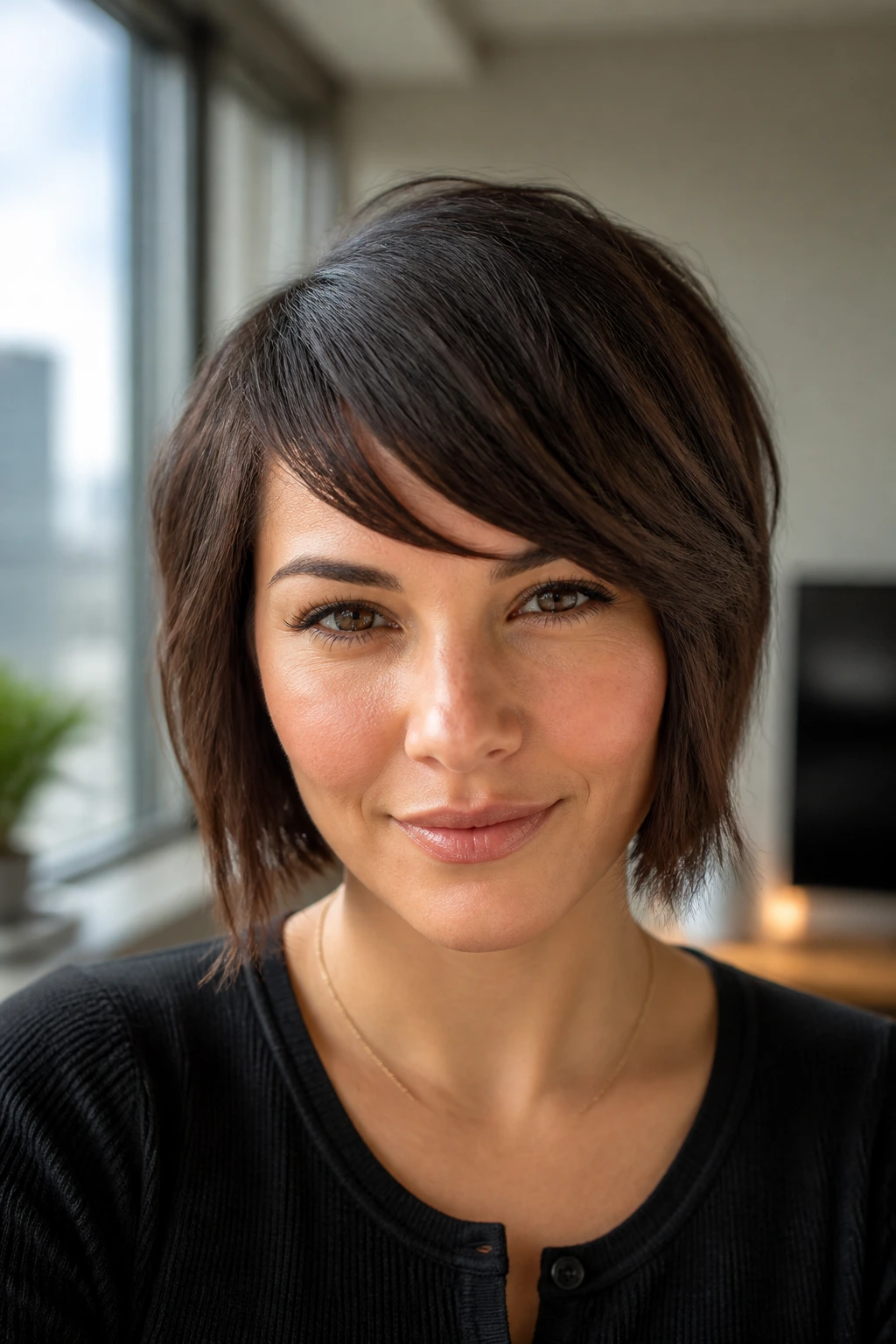 Close-up portrait of a woman with an asymmetrical bang arc