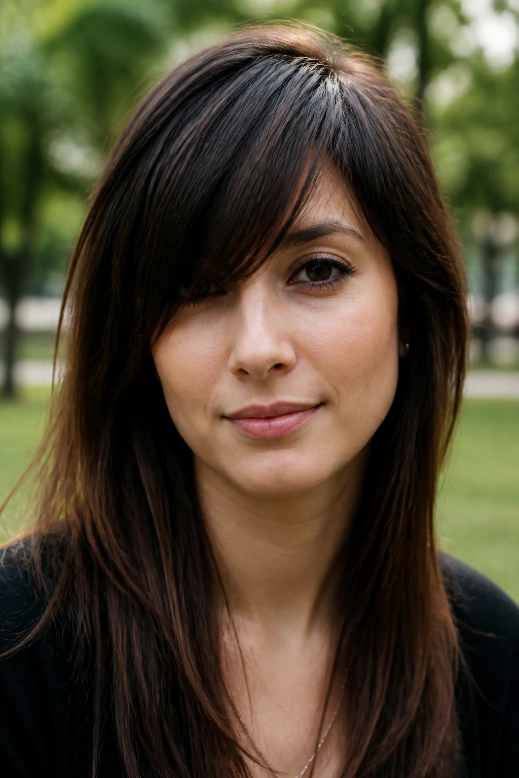 Close-up portrait of a real woman with asymmetrical bangs leaning to one side