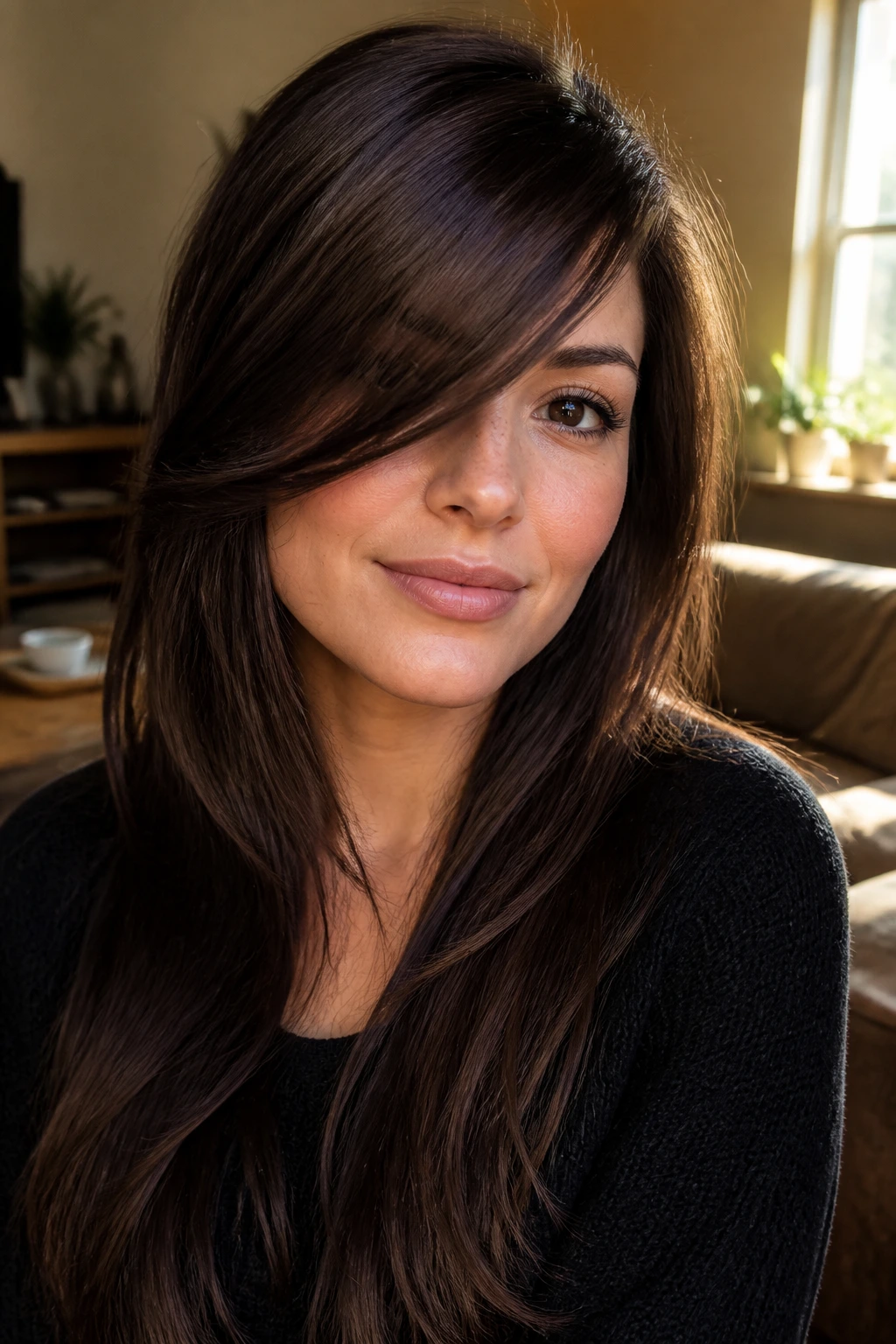 Close-up portrait of a real woman with asymmetrical bangs and a longer sweep.