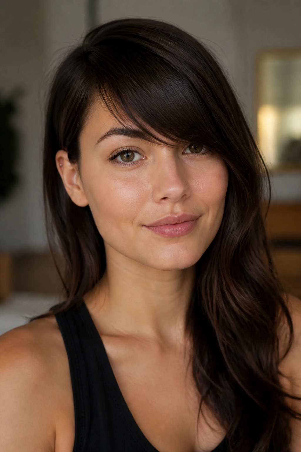 Close-up portrait of a woman with asymmetrical bangs and a longer side