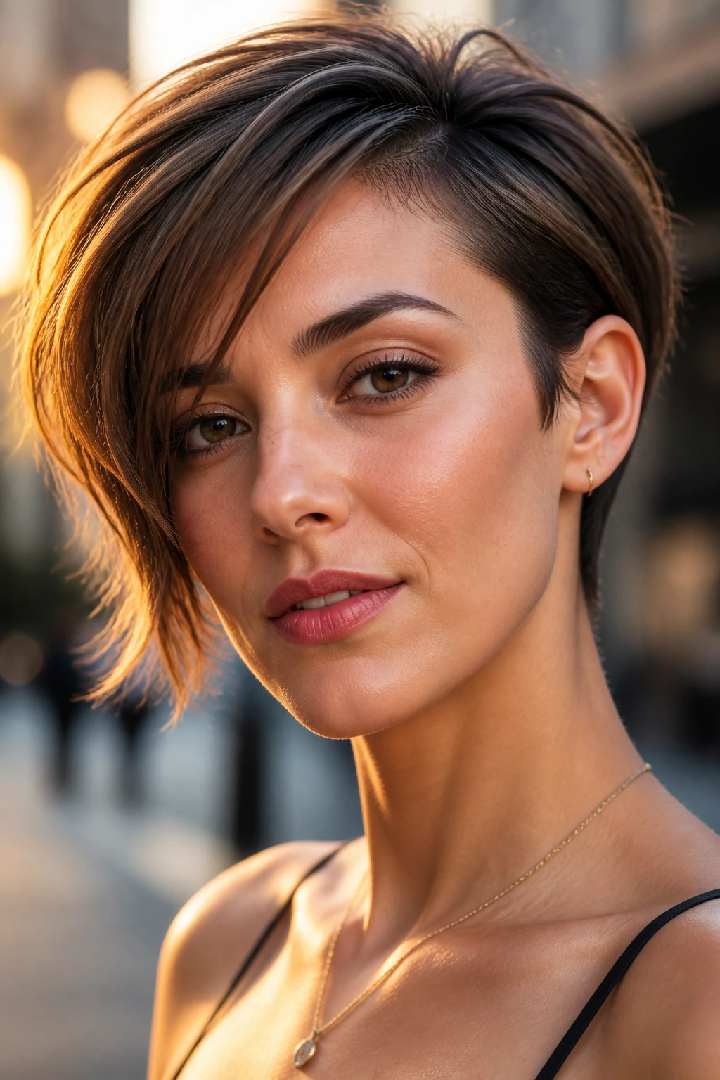Close-up of a real woman with asymmetrical bixie, longer front layer brushing the cheekbone