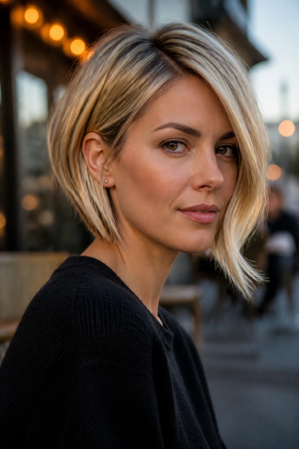 Portrait of a woman with an asymmetrical blonde bob and sharp bends at the ends in warm dusk light.