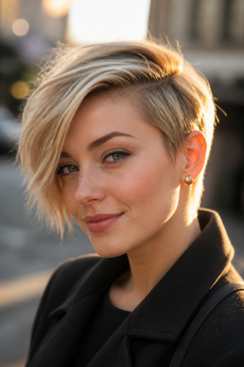 Close-up of a real person with an asymmetrical blonde pixie and varied length.