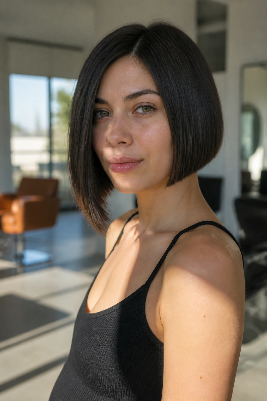 Portrait of a real woman with a subtle asymmetrical blunt bob