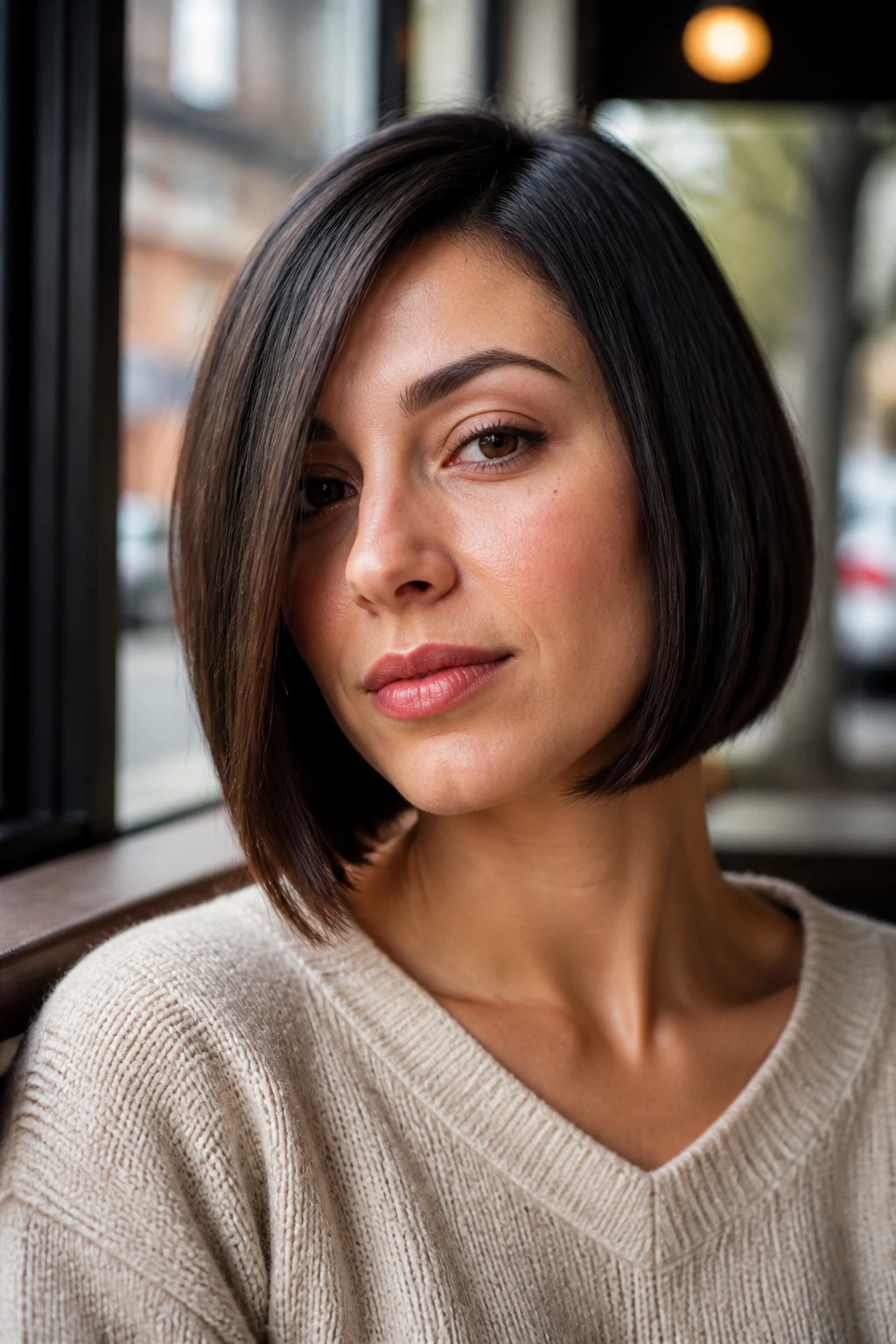 Close-up of a real woman with an asymmetrical blunt bob