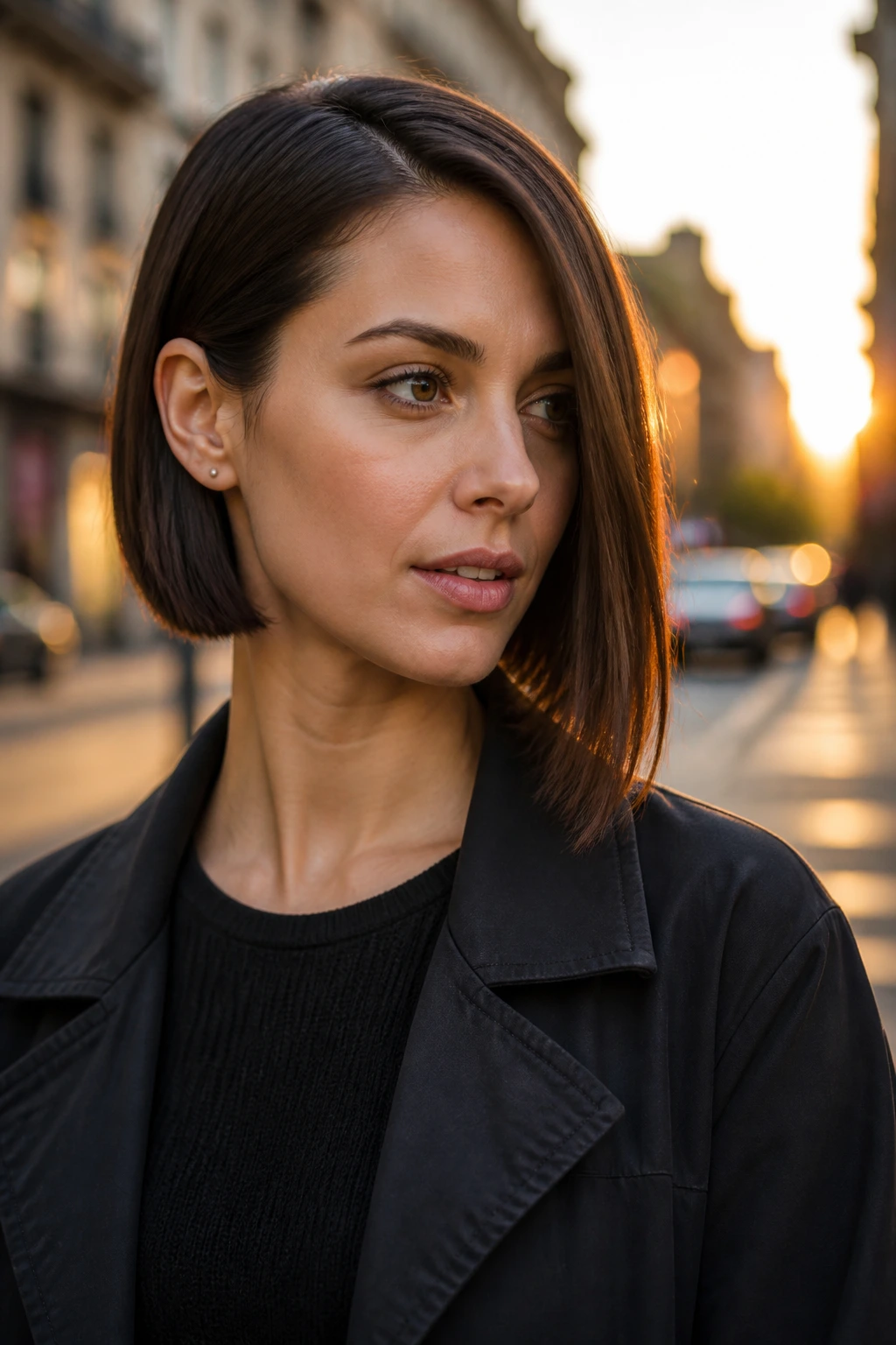 Portrait of a real woman with an asymmetrical blunt bob