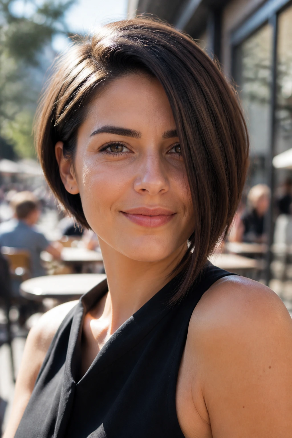 Close-up portrait of Asymmetrical Bob on a real woman with uneven bob length.