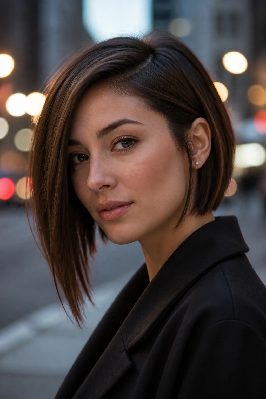 Close-up of a real woman with an asymmetrical bob on a city street at dusk