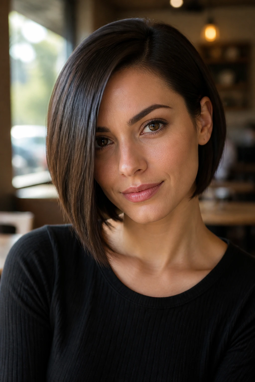 Real woman with asymmetrical bob, longer and shorter sides, in cafe light