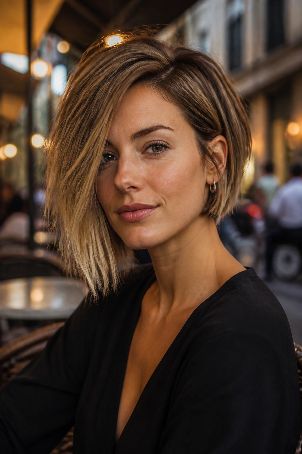 Close-up portrait of a real woman with asymmetrical bob on urban street