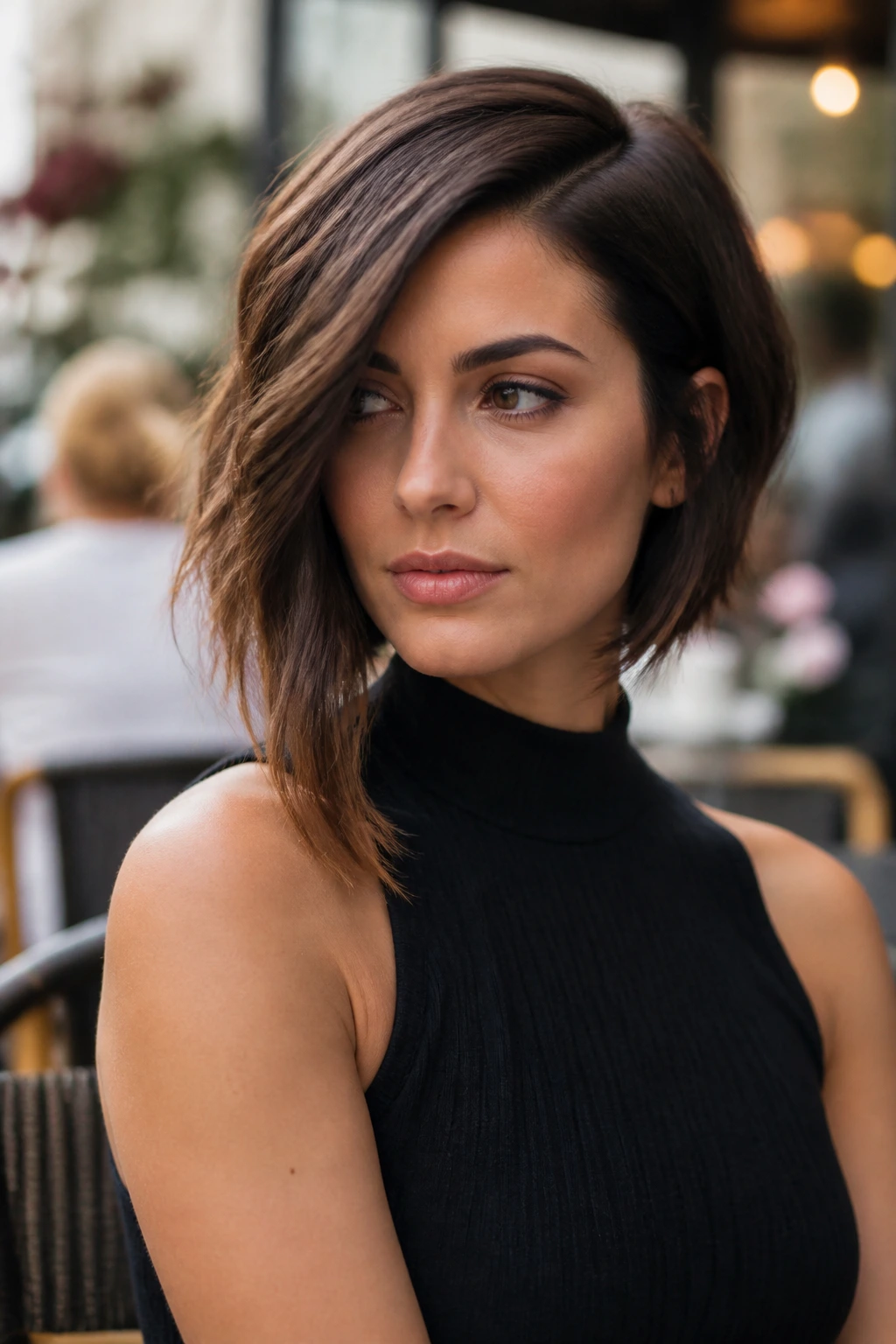 Close-up of a woman with an asymmetrical bob showing the longer side