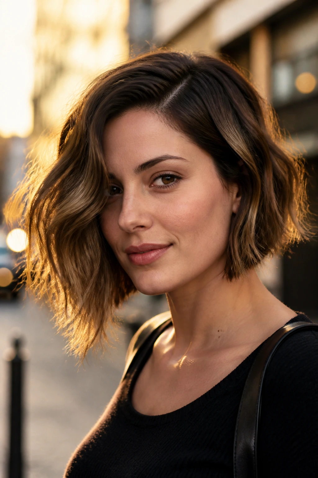Close-up portrait of a real woman with an asymmetrical wavy bob