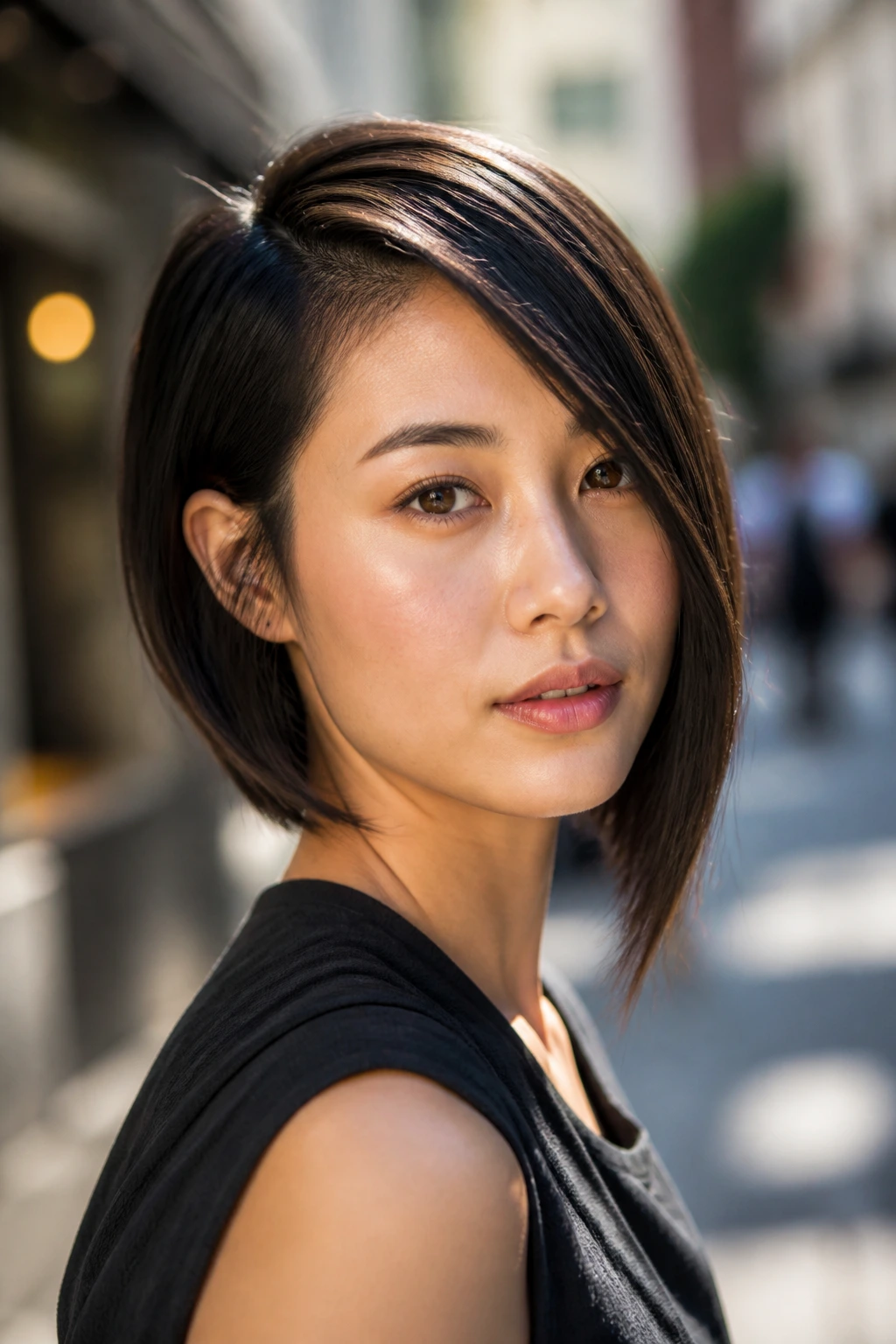 Asian woman with asymmetrical bob and one long side in close-up