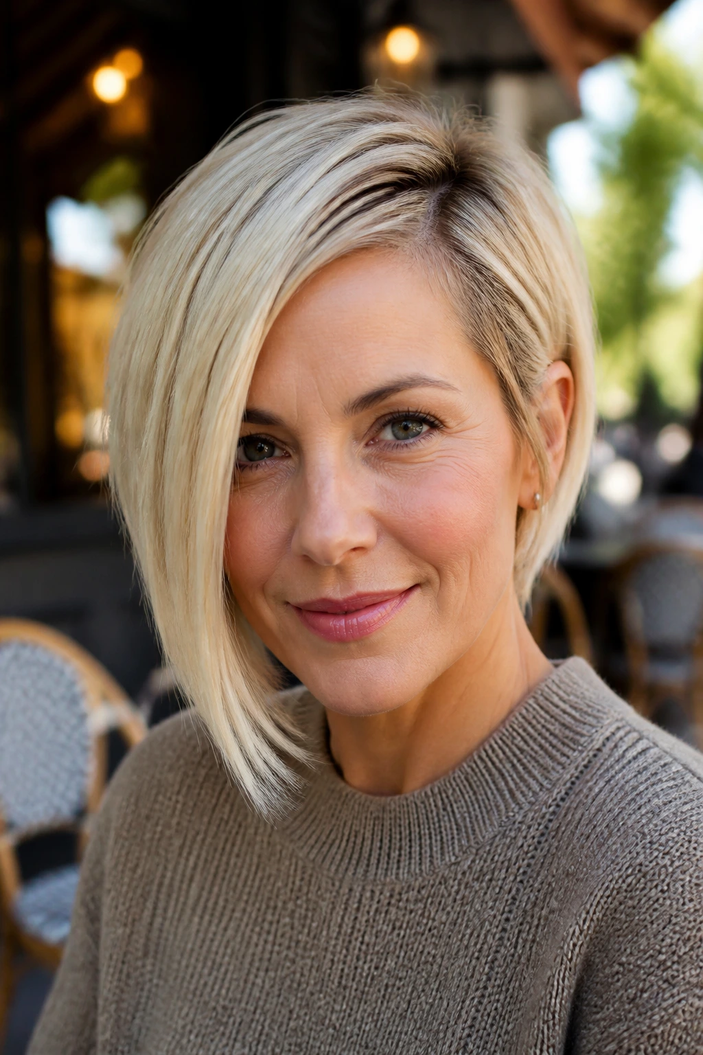Close-up of Bright Asymmetrical Bob with chin-grazing side and root contrast outdoors