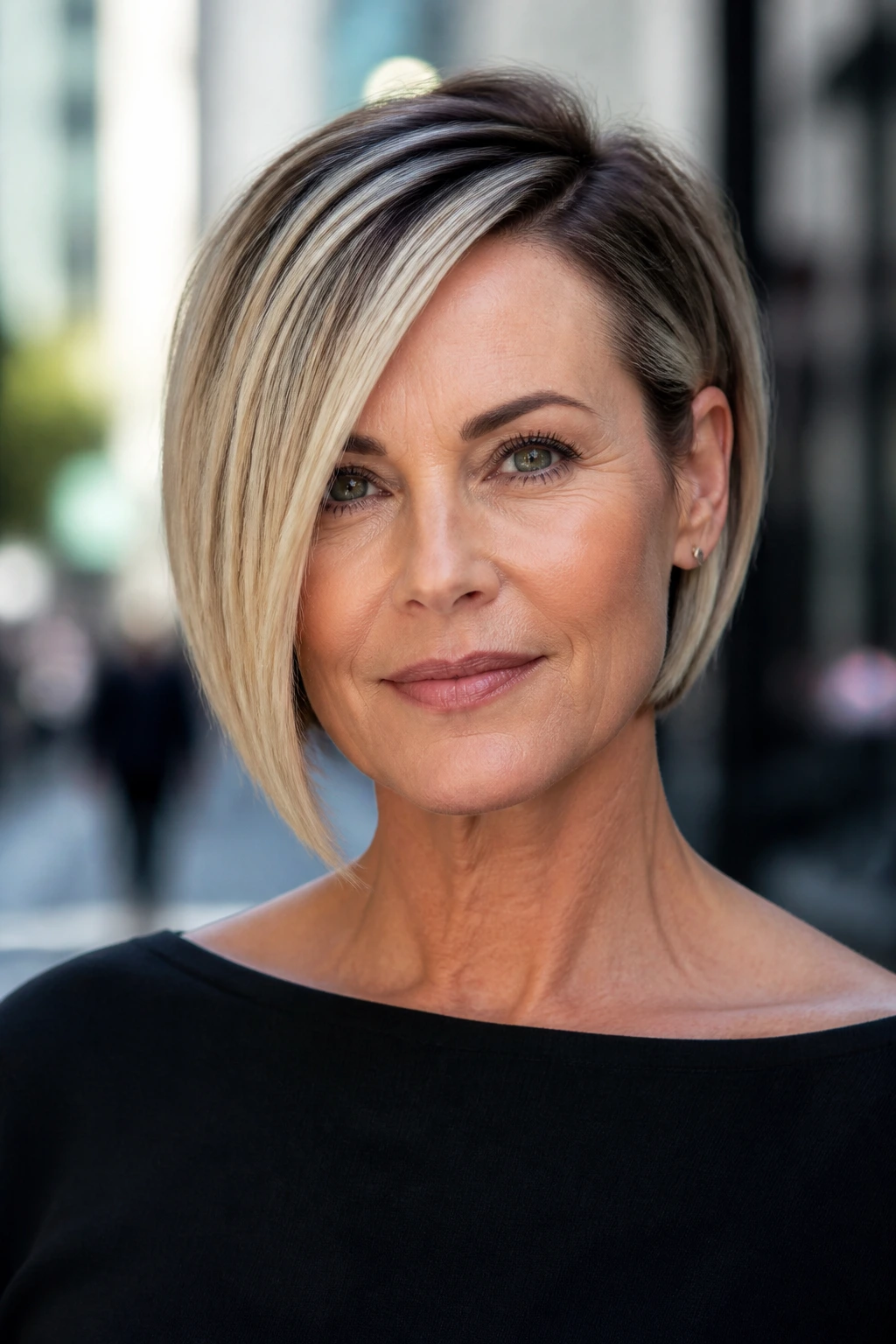 Portrait of a real woman with an asymmetrical bob in high-contrast blonde under daylight