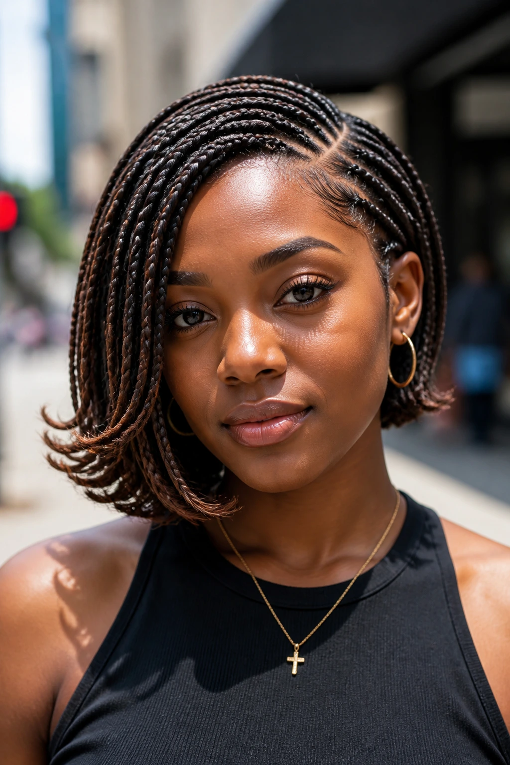 Close-up of an asymmetrical bob braid with flipped ends on a real person
