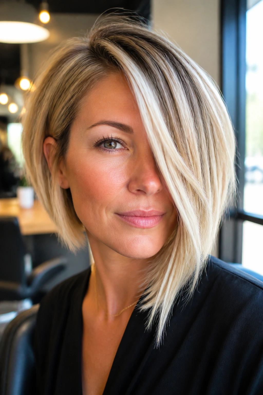 Close-up portrait of a real person with an asymmetrical bright bob and money-piece highlight.