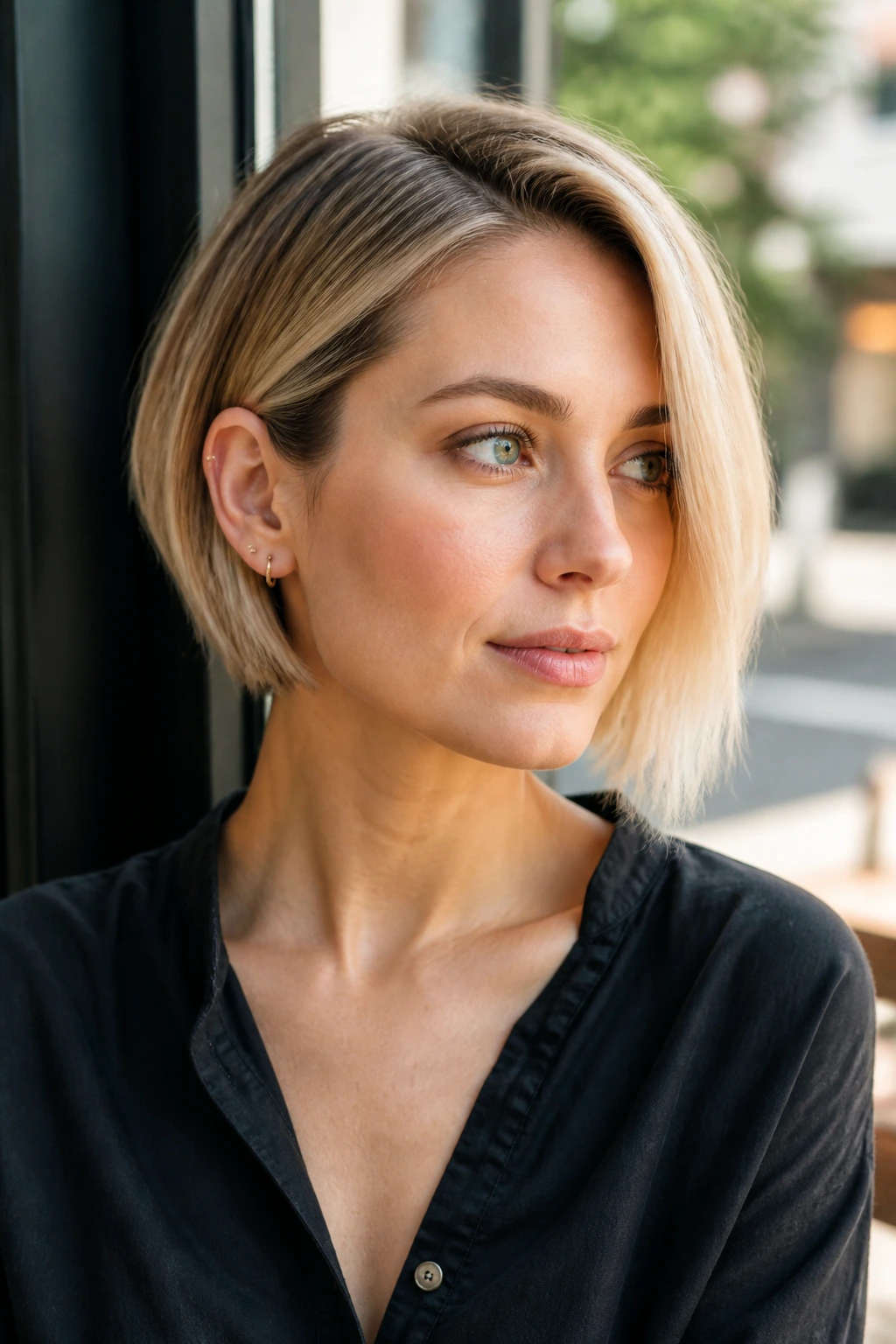Close-up of a real woman with asymmetrical bob and brighter front side