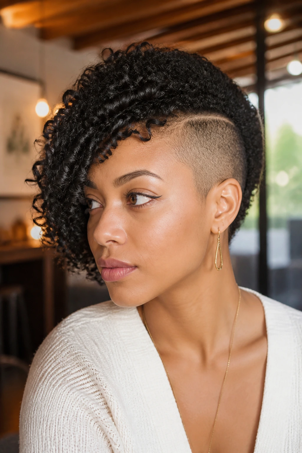 Portrait of a person with asymmetrical natural bob and buzzed side
