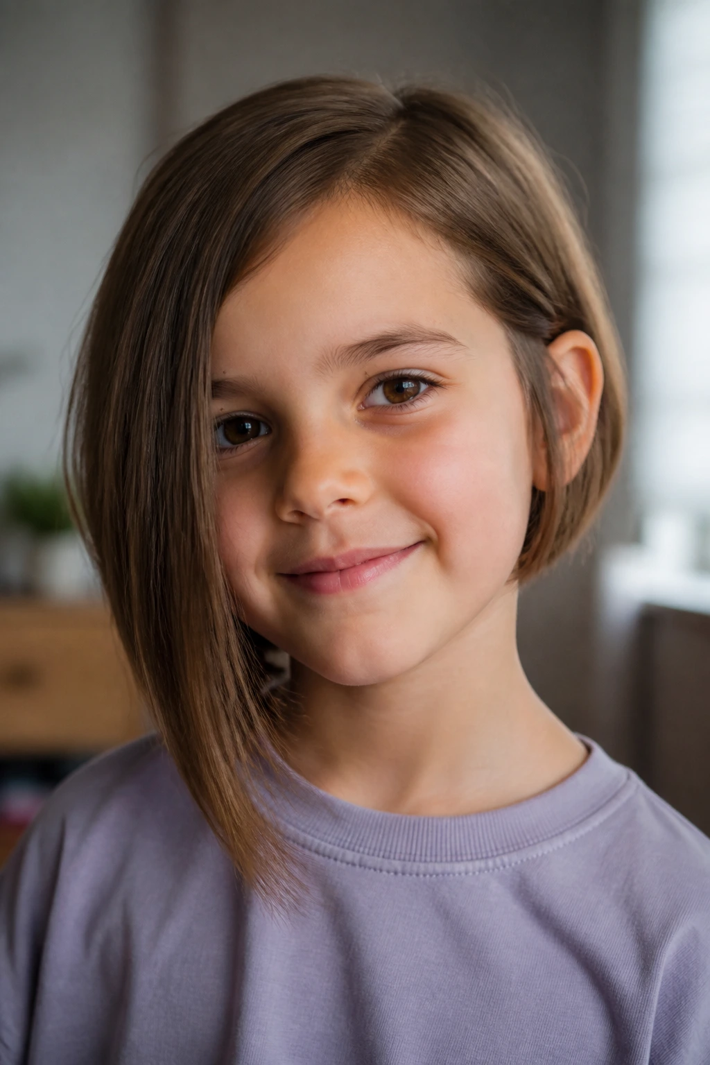 Child with an asymmetrical bob where one side is longer, captured in soft light.