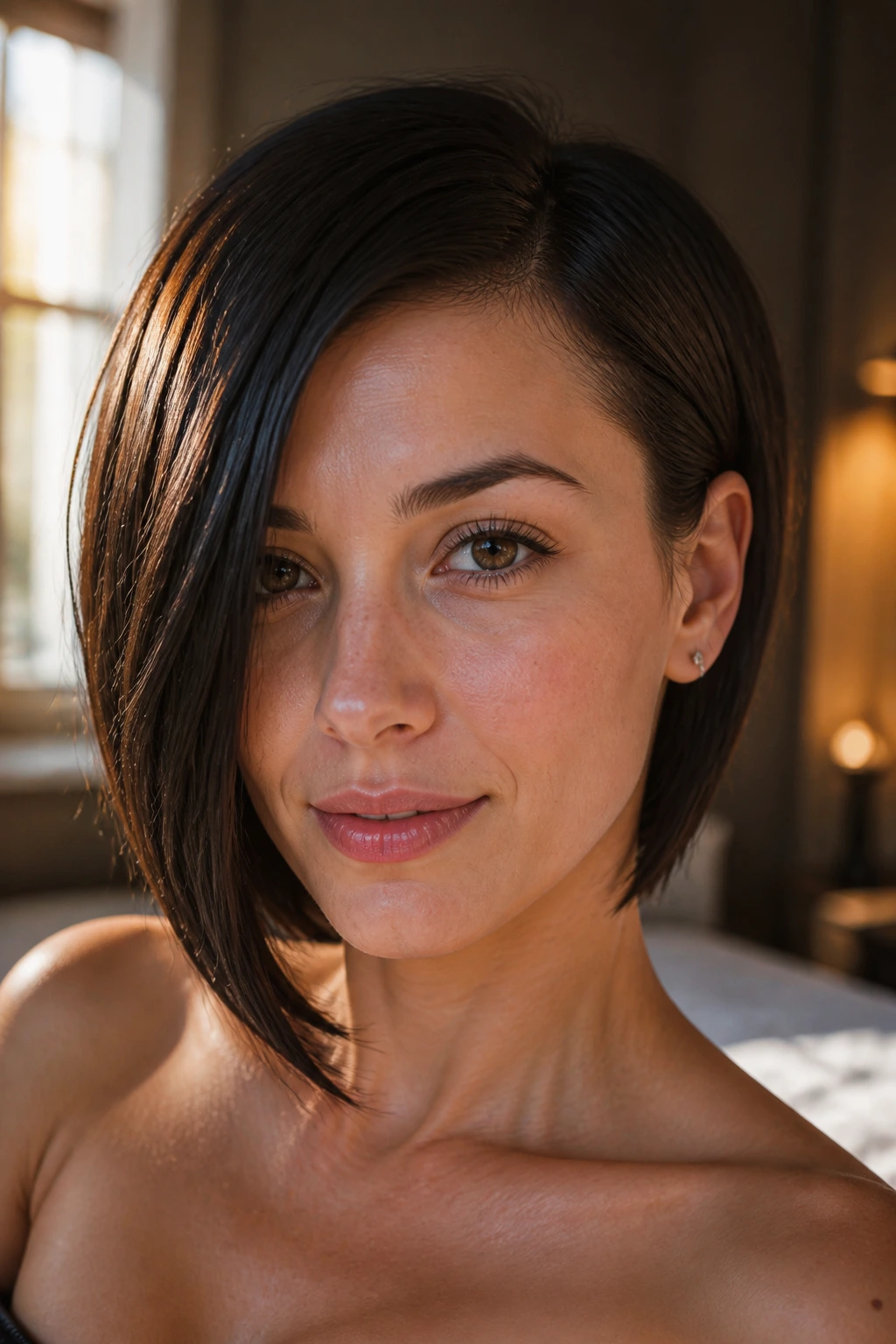 Close-up portrait of a real woman with an asymmetrical bob highlighting a chic angular angle