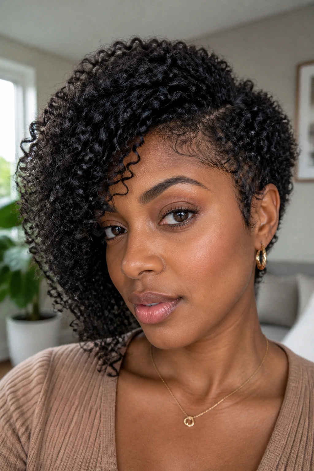 Close-up of a real woman with coily hair in an asymmetrical bob