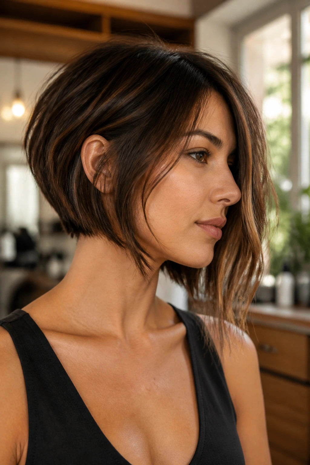 Close-up portrait of a real woman with an asymmetrical bob in a sunlit salon.