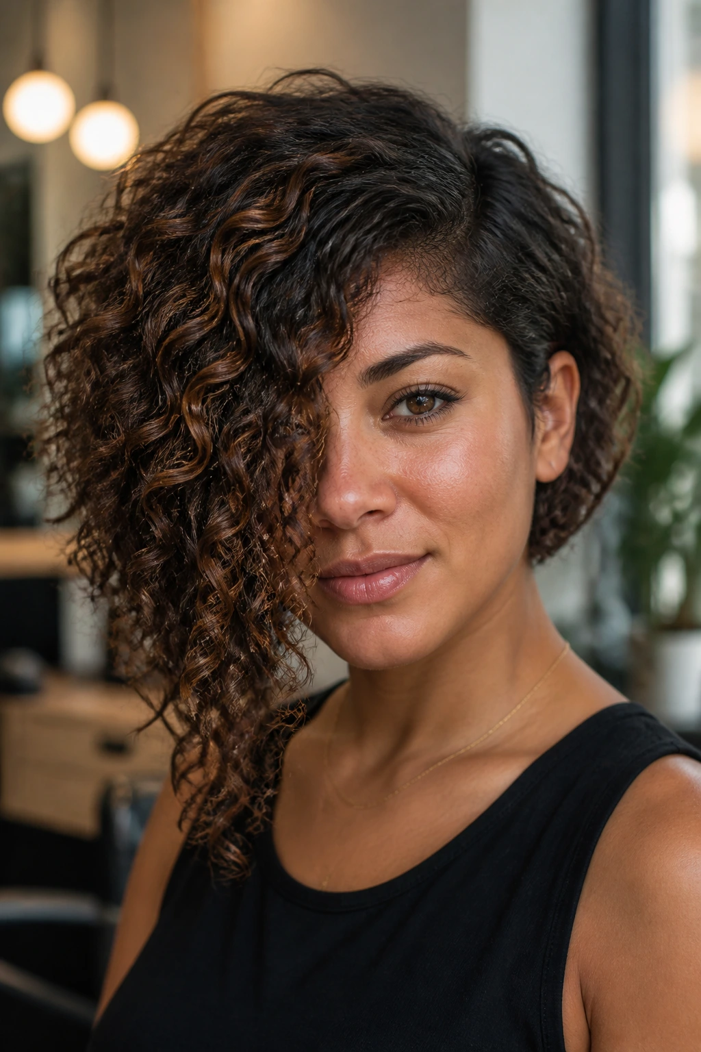 Portrait of a real woman with an asymmetrical bob on thick curly hair, one side longer than the other