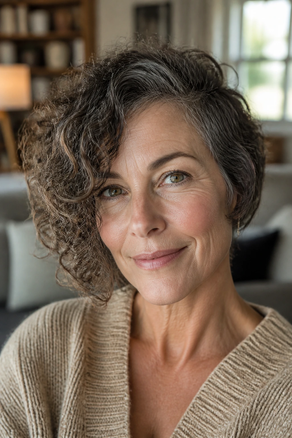 Close-up portrait of a real woman with an asymmetrical curl bob featuring a longer side, natural window light.