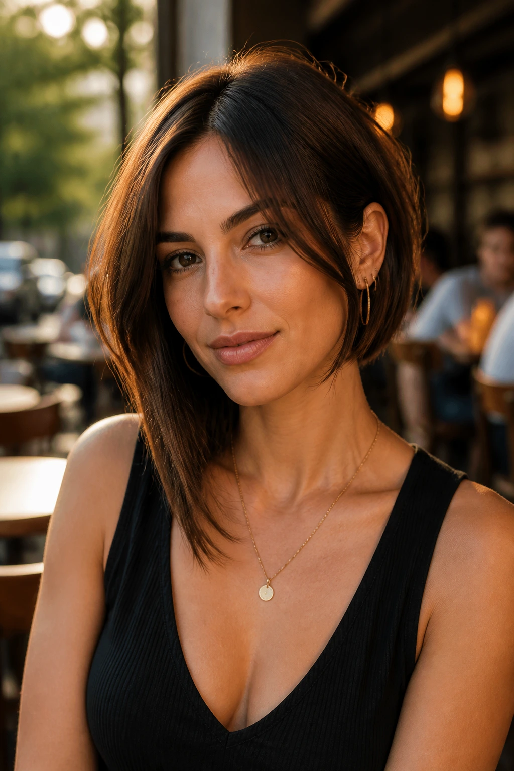 Portrait of a woman with asymmetrical bob and face-opening curtain bangs in golden-hour street setting