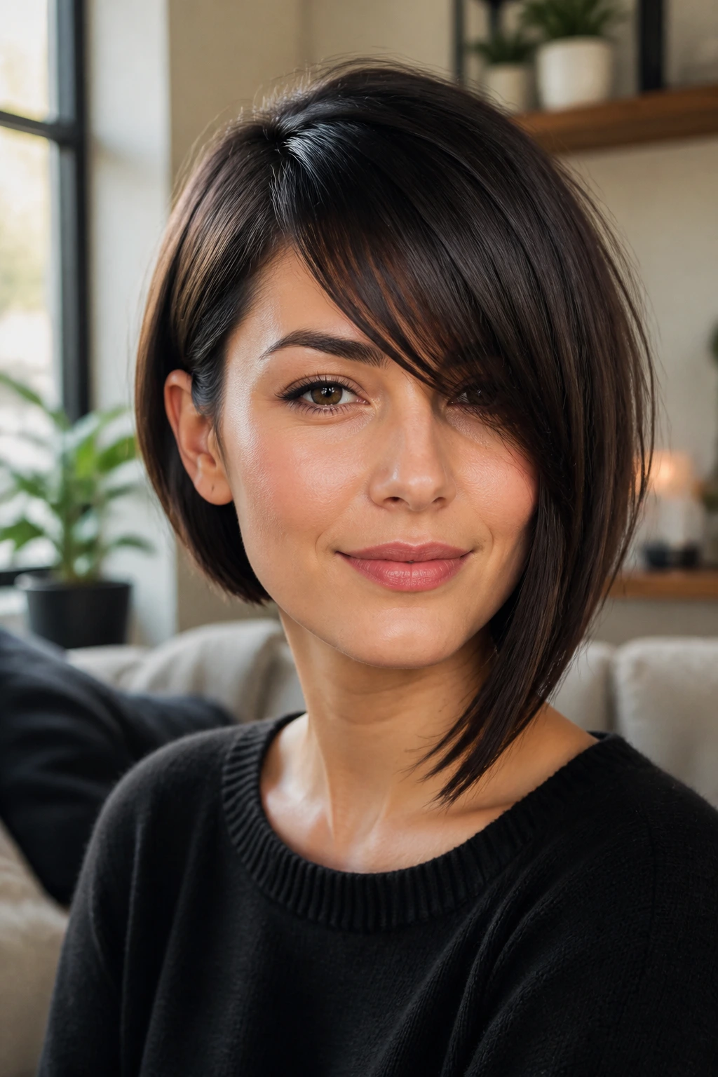 Close-up portrait of a real woman with an asymmetrical bob and deep side fringe.