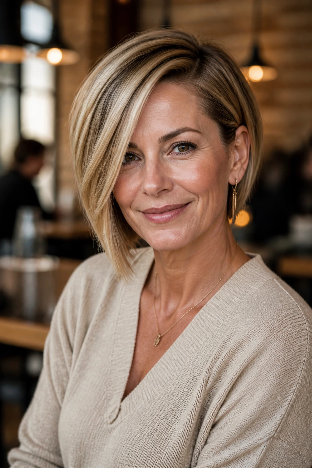 Asymmetrical bob with deep side part on real woman portrait