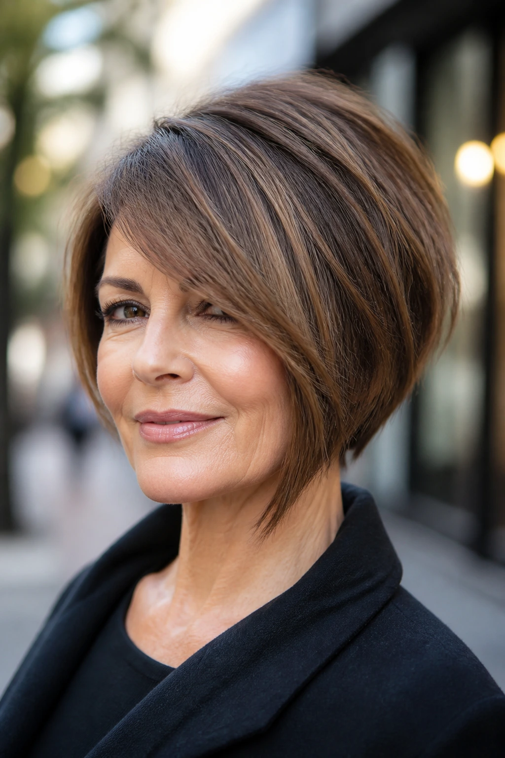 Real woman with asymmetrical bob and deep side bangs on urban street