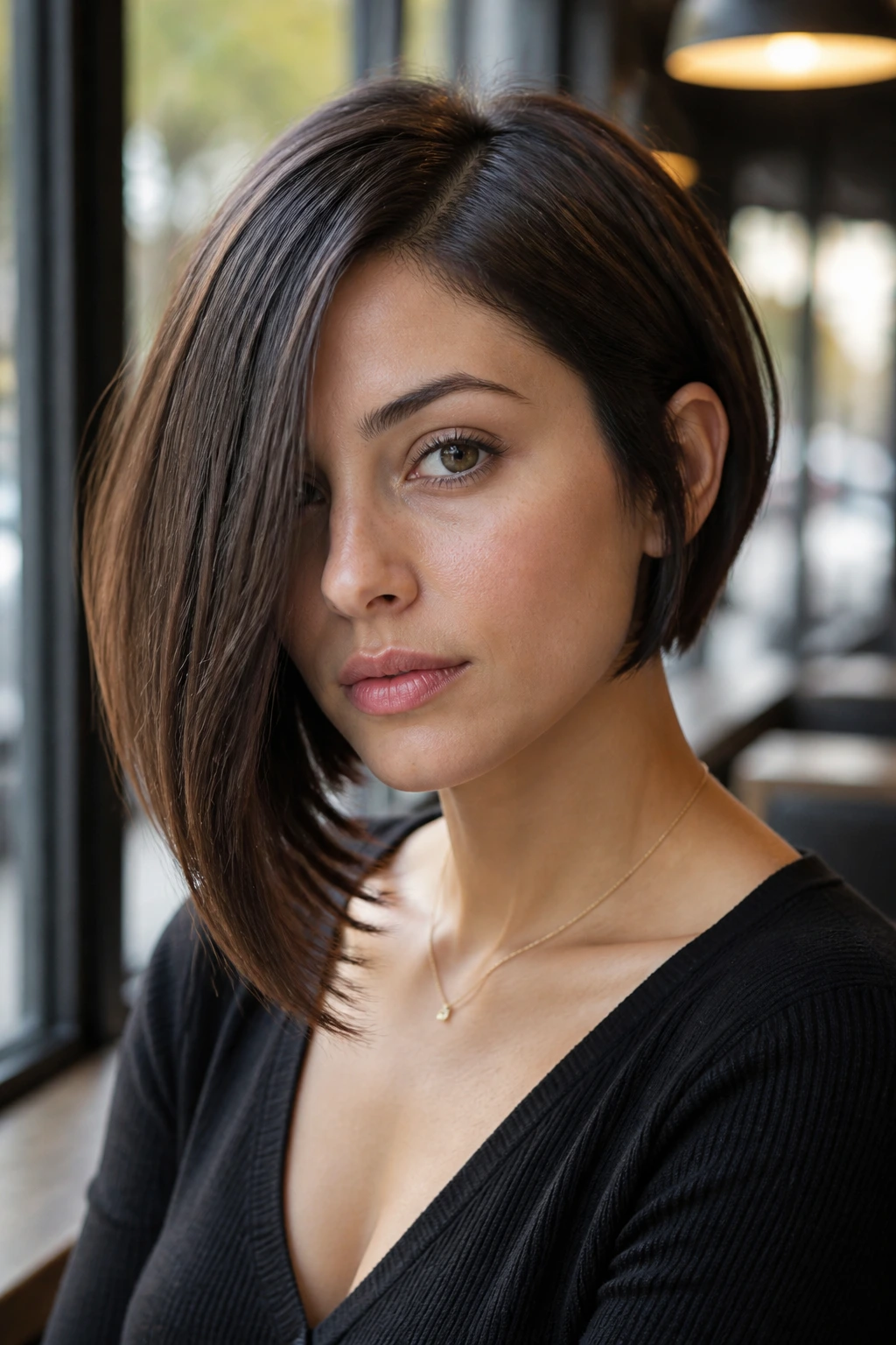 Portrait of a real woman with an asymmetrical bob and deep side part.