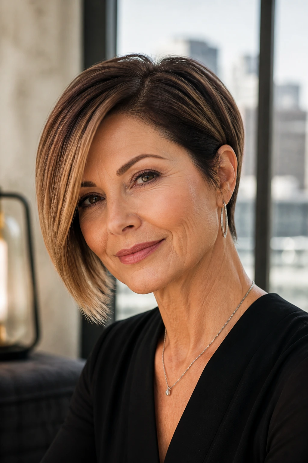 Portrait of a real woman with an asymmetrical bob and deep side part