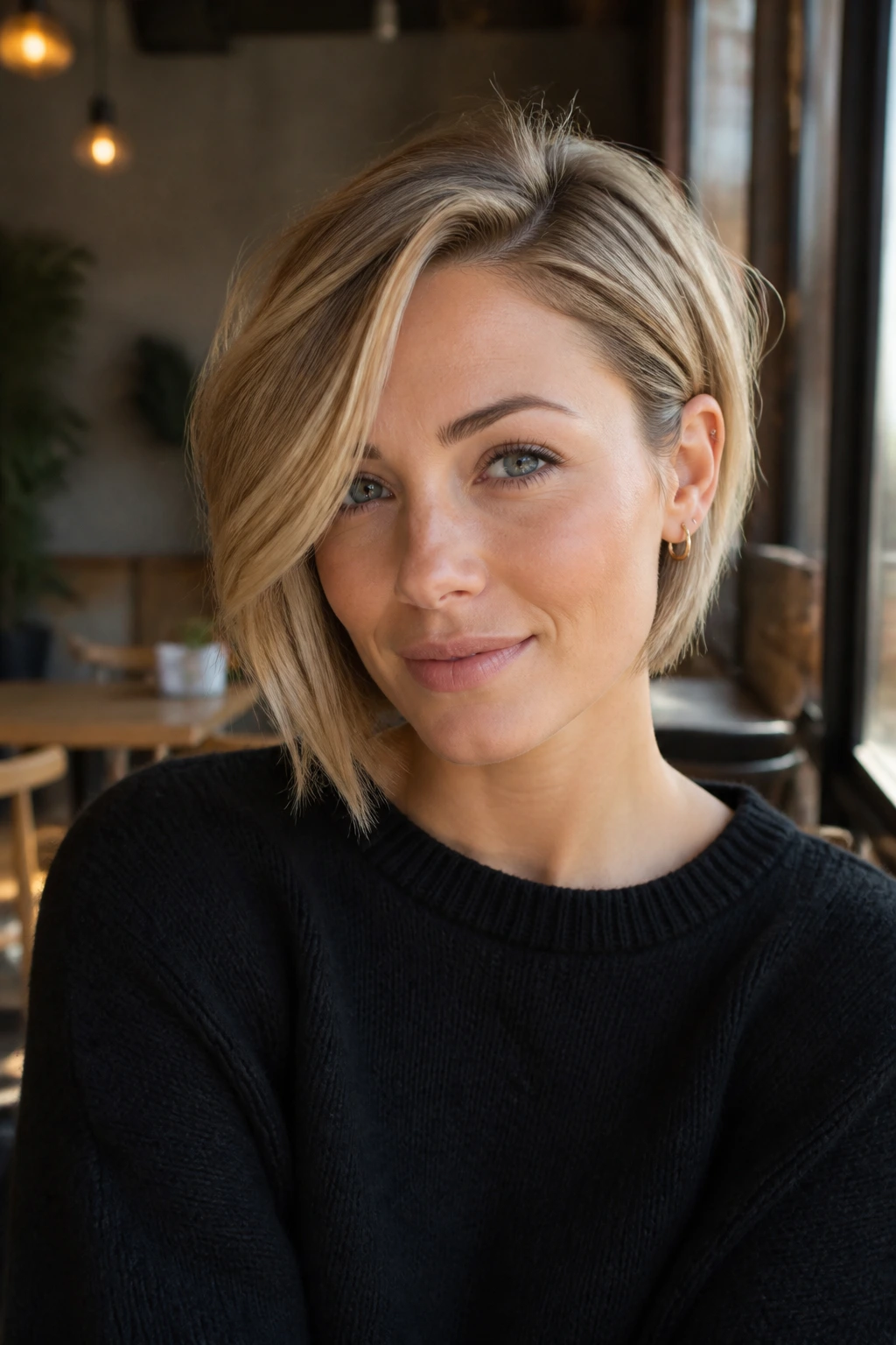 Real person with a subtle asymmetrical bob and deep side part.